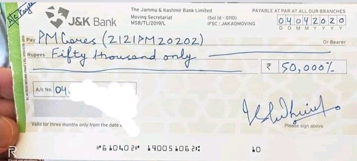 AbishkarU's tweet photo. Former MLA Ramnagar &amp; Spokesperson Bharatiya Janta Party Shri Ranbir Singh Pathania on Saturday contributed Rs 50,000/- into 'PM Cares Fund' constituted by the Government of India to Fight Coronavirus Pandemic.
@pathania_rs @BJP4India #Covid_19india  @TheEarthNews1 https://t.co/ZKr7sprTB0