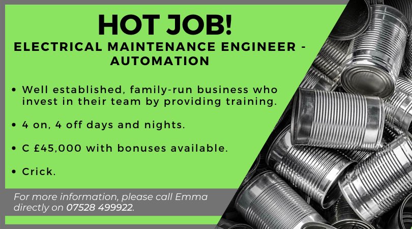 rwrecruitment's tweet photo. Great opportunity still available for an #ElectricalMaintenanceEngineer in/near #Crick!

Get in touch with Emma Devereux for more information on 07528 499922.

#WagstaffRecruitment #HotJob #Opportunities #Maintenance #Engineers #Engineering #Northampton https://t.co/3rmdpFiYcG