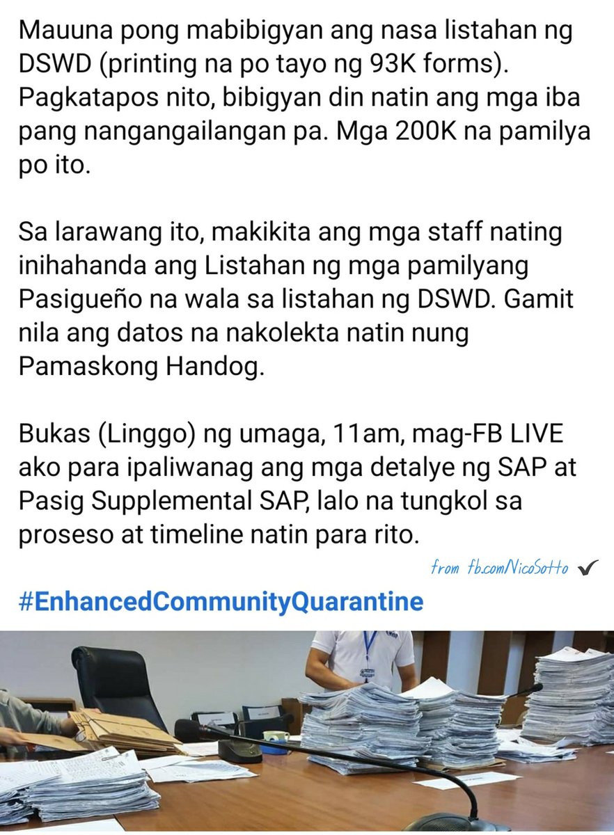VicoSotto's tweet photo. Malaking tulong ang "Social Amelioration Program" (SAP) ng DSWD

pero ang realidad, marami sa mga nangangailangan ang wala sa listahan.

Kaya magkakaroon tayo ng "PASIG CITY SUPPLEMENTAL SAP."

Hindi pa tiyak ang halagang matatanggap; depende sa huling bilang natin ng mga pamilya https://t.co/K0B3u4I8xp
