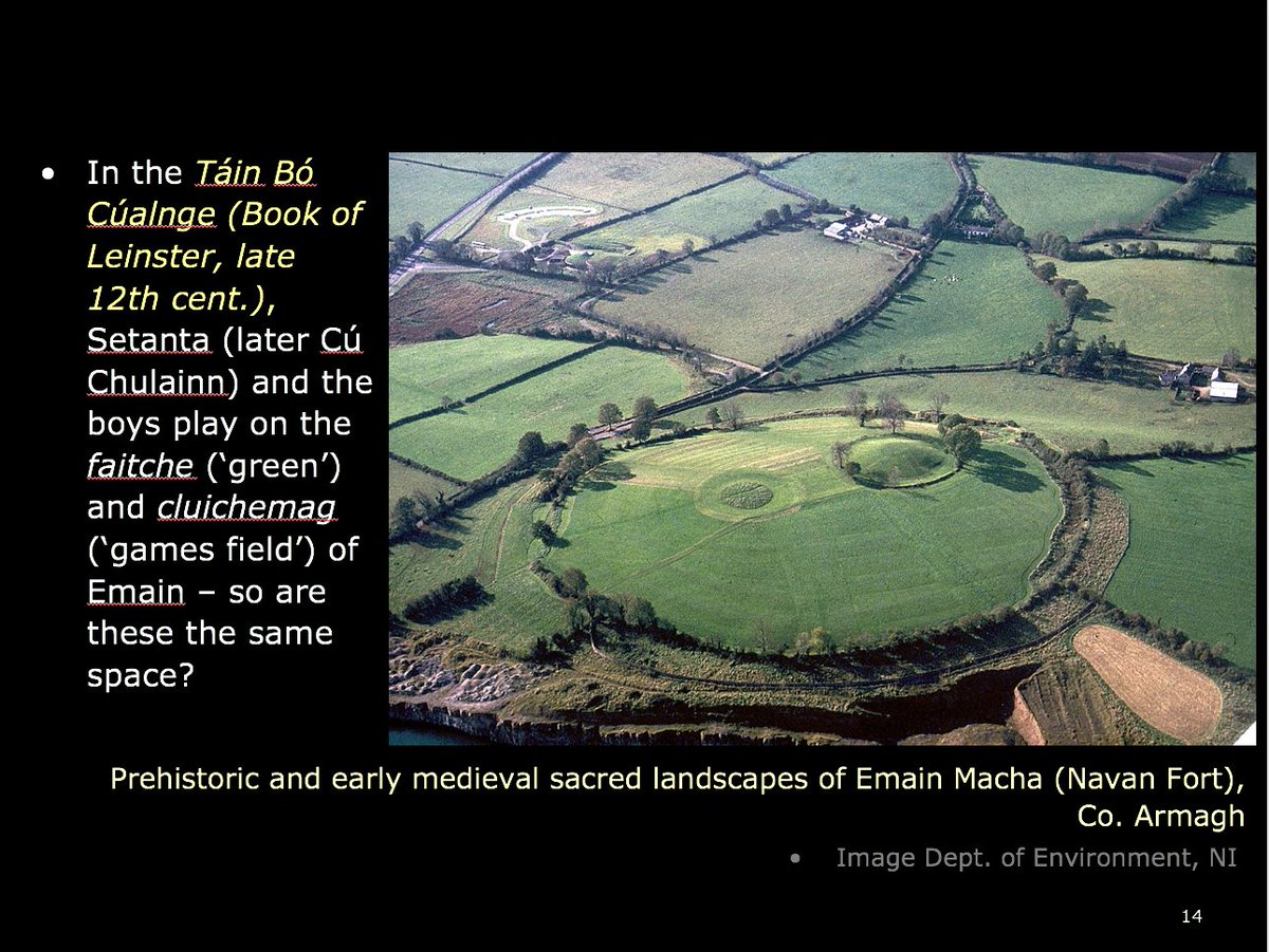 14) So, in the Táin Bó Cúalnge (Book of Leinster, late 12th cent.), Setanta and the other boys play on the faitche (‘green’) and cluichemag (‘games field’) of Emain (Navan) – and it may be that these words are just used interchangeably?