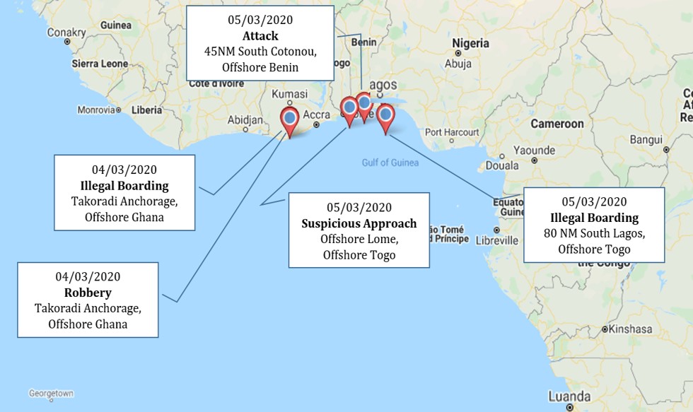 NousWestAfrica's tweet photo. #Maritime West Africa
Incident map showing maritime incidents that occurred in March 2020 within the Gulf of Guinea #GoG #Security https://t.co/DsysOUlEQj