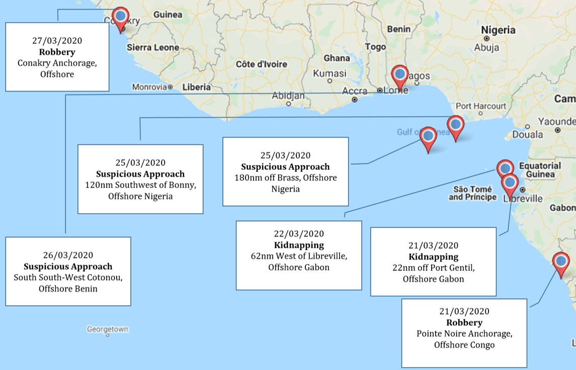 NousWestAfrica's tweet photo. #Maritime West Africa
Incident map showing maritime incidents that occurred in March 2020 within the Gulf of Guinea #GoG #Security https://t.co/DsysOUlEQj