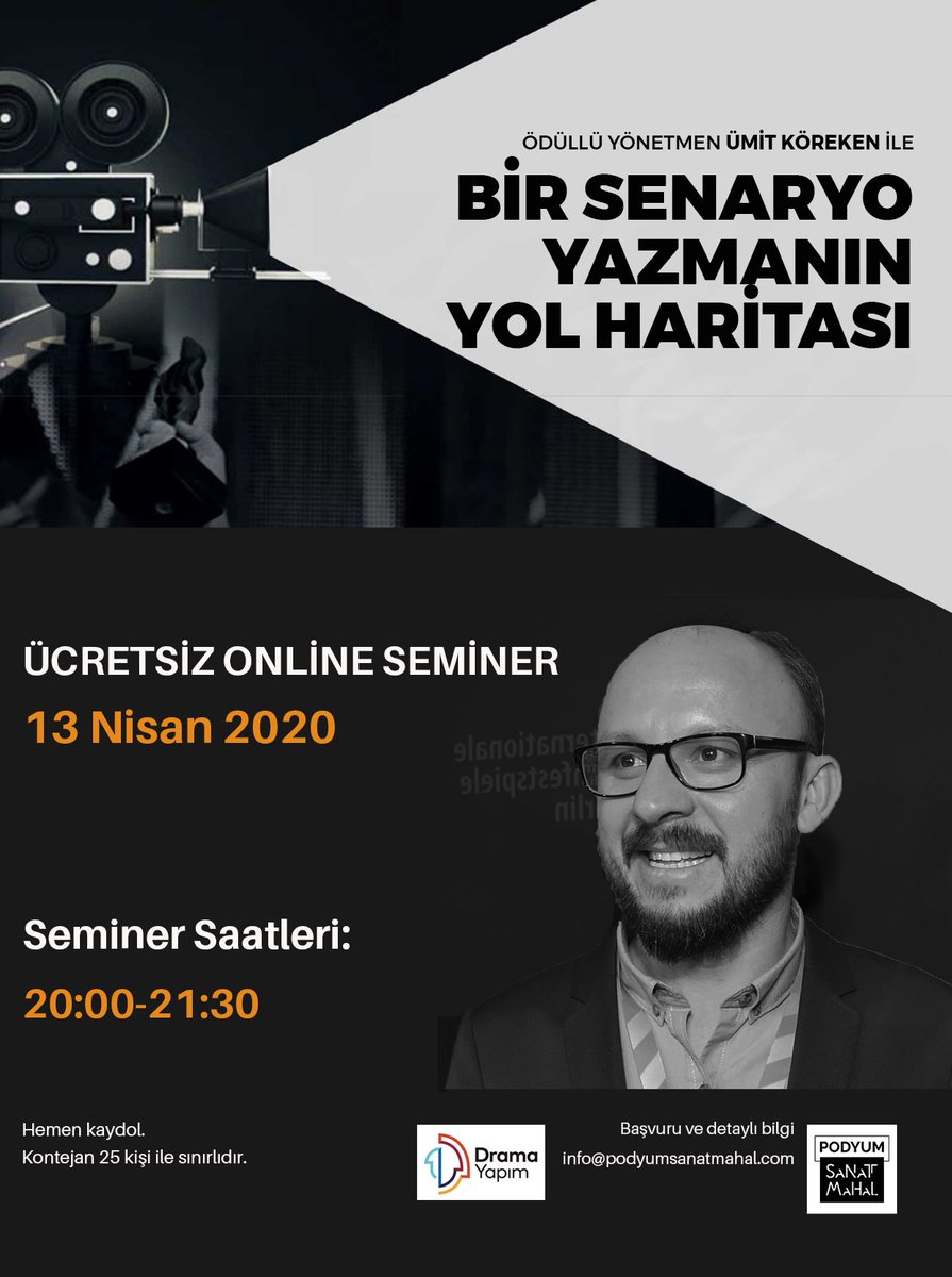 Podyum Sanat Mahal (@podyumsanat) on Twitter photo “YOĞUN İSTEK ÜZERİNE”
Ücretsiz online seminerimiz ‘Bir senaryo yazmanın yol haritası’ 13 Nisan’da tekrar yapılıyor. Kayıt olmak için➡️ info@podyumsanatmahal.com “YOĞUN İSTEK ÜZERİNE”
Ücretsiz online seminerimiz ‘Bir senaryo yazmanın yol haritası’ 13 Nisan’da tekrar yapılıyor. Kayıt olmak için➡️ info@podyumsanatmahal.com