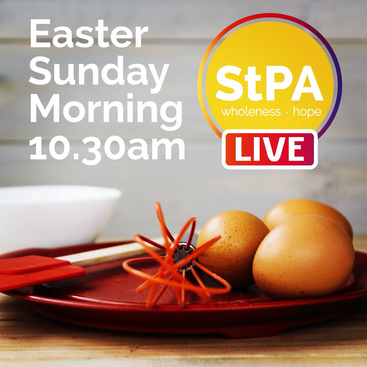 stpetersayl's tweet photo. Join us for a very special time in Pete &amp; Ali's kitchen via our YouTube Lifestream as we celebrate the risen Jesus. We'll be sharing bread and wine together (have your own bread and wine ready!). Look out for our Easter egg hunt! #wholeness #hope #eastersunday #stpalive https://t.co/rRiMni9ZD4