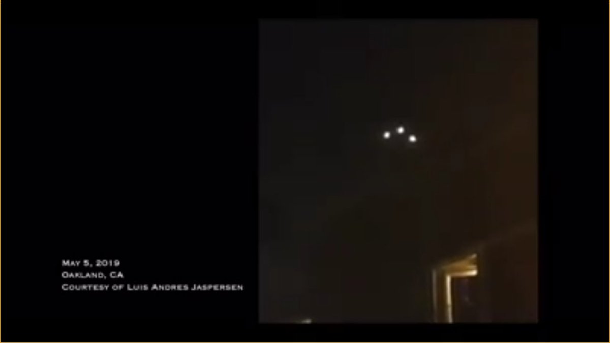 I watched the "documentary" by Steven Greer "Close Encounters of the 5th Kind". I found so many hoaxes such as this still image from an alleged UFO over Oakland taken on May 5, 2019. He didn't know the video was published in 2018 from Texas (skydivers): 