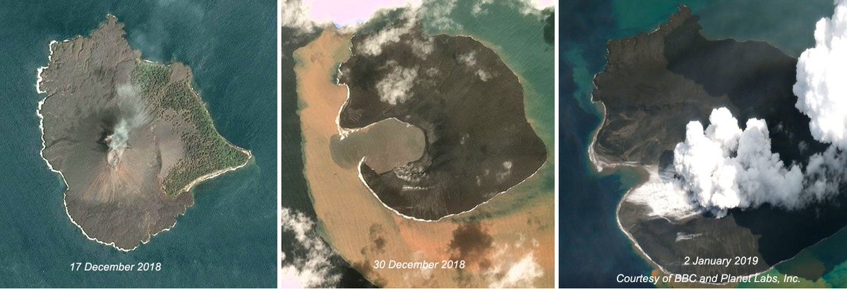 You can see the huge difference, when it collapsed in 2018 it completely changed the island shape.For more information on recent activity & photos go here:  https://volcano.si.edu/showreport.cfm?doi=10.5479/si.GVP.BGVN201903-262000 & here:  https://volcano.si.edu/showreport.cfm?doi=10.5479/si.GVP.BGVN201908-262000Photos:  @EarthUncutTV  @OysteinLAnderse  #Krakatau not  #Krakatoa