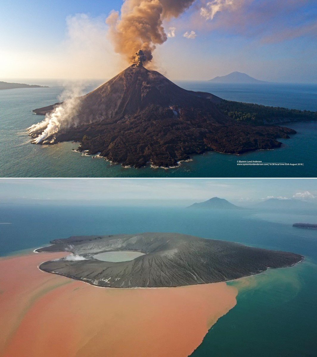 You can see the huge difference, when it collapsed in 2018 it completely changed the island shape.For more information on recent activity & photos go here:  https://volcano.si.edu/showreport.cfm?doi=10.5479/si.GVP.BGVN201903-262000 & here:  https://volcano.si.edu/showreport.cfm?doi=10.5479/si.GVP.BGVN201908-262000Photos:  @EarthUncutTV  @OysteinLAnderse  #Krakatau not  #Krakatoa