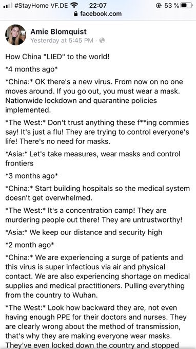 tonyzh2008's tweet photo. This is how China LIED to the world! - Quote from Amie Blomquist who stayed in Ningbo,China druing COVID 19 outbreak time, honest comment from the swedish girl.I can't read the article on Facebook written by Amie Blomquist now,maybe she was asked or forced to delete it. https://t.co/4Rn2dMOAgO
