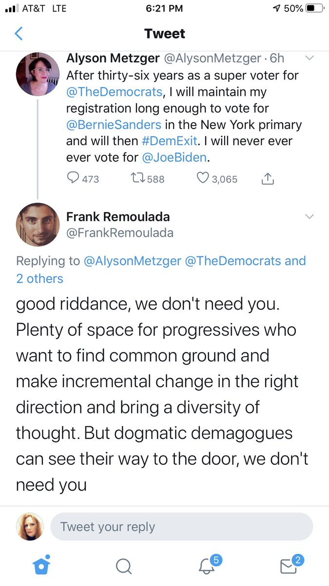 The last entry for the moment is Frank. A disillusioned voter who thinks he's a progressive and there are plenty of other 'progressives' who hasn't already stated their support for the Blue Cult.