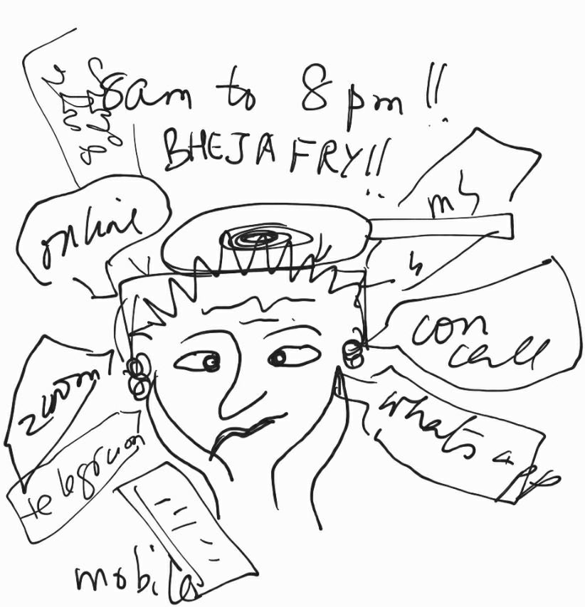 TISSpeak's tweet photo. With the #COVID19Lockdown, #TISS switched to #WFH for its faculty and staff. It has been quite challenging and Prof. Padma Sarangapani (Chairperson, #CEIAR) who heads a team of 80 and several projects across locations) expresses it so well in these doodles. https://t.co/AIEETIK1ud