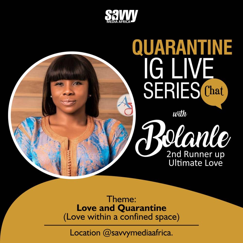 BolanleOfficial's tweet photo. Make it a date tonight as your fave Girl will be live by 9pm with @savvymediaafrica for an IG session themed ‘LOVE and QUARANTINE’ 💘 hmmmnnn 🥰💕 Perhaps there are things you are inquisitive about? Join me tonight to find out.🥰 
#Bolanle #IGlivesession #LoveandQuarantine https://t.co/XBM1tWL0Vc