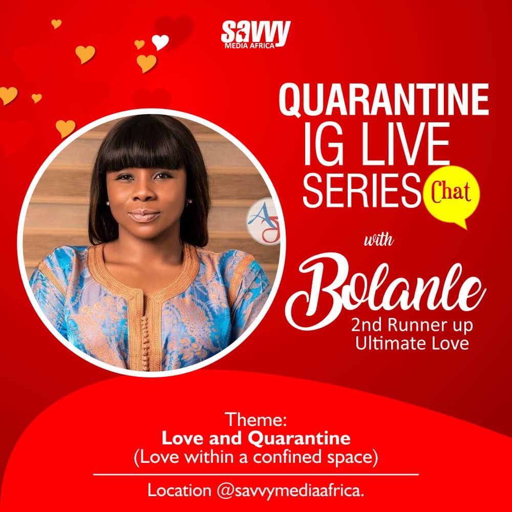 BolanleOfficial's tweet photo. Make it a date tonight as your fave Girl will be live by 9pm with @savvymediaafrica for an IG session themed ‘LOVE and QUARANTINE’ 💘 hmmmnnn 🥰💕 Perhaps there are things you are inquisitive about? Join me tonight to find out.🥰 
#Bolanle #IGlivesession #LoveandQuarantine https://t.co/XBM1tWL0Vc