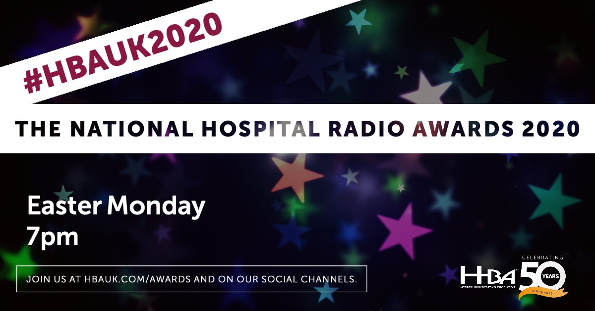 theHBAuk's tweet photo. National Hospital Radio Awards Announcement:

Get your glad rags on, share your pictures with us using #hbauk2020 and join us this Bank Holiday Monday at 19:00hrs for the National #HospitalRadio Awards! https://t.co/qOTcRyPxdh