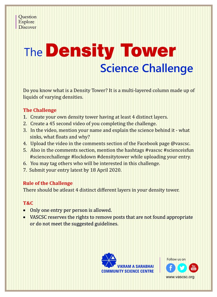 Ready for some science fun at home? Bringing to you- The Density Tower Science Challenge!
Upload video with hashtags #vascsc #scienceisfun #sciencechallenge #densitytower
<a href="/HMOIndia/">गृहमंत्री कार्यालय, HMO India</a> <a href="/vascscisme/">VASCSC ISME</a> @VASCSCandTTS <a href="/indianscinews/">India Science Wire</a>  @VASCSCShop <a href="/ih_vascsc/">Innovation Hub VASCSC</a> <a href="/DSurkar/">Dilip Surkar</a> #lockdown #COVID2019