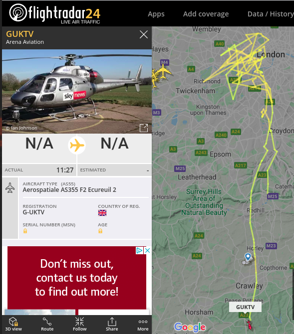NatePRWhitaker's tweet photo. So the general public has been told to stay home, I don't think @skynews understood as they have put a helicopter up in the air over London for past 30+ minutes. I expect it's to catch people out. #notessentialtravel #socialdistancing #potkettle #stayhomesavelives #savethenhs https://t.co/gan0vkUuS1