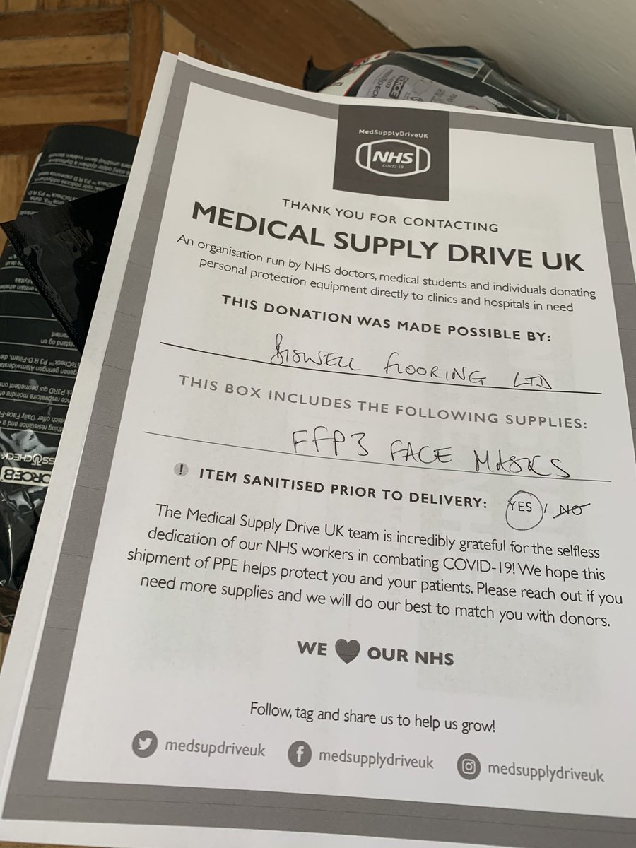 If any other contractors have spare p3 masks they may wish to contact @MedSupDriveUK . They matched our stock with a local GP surgery #StaySafe #NHS <a href="/CFA_Association/">The Contract Flooring Association</a>