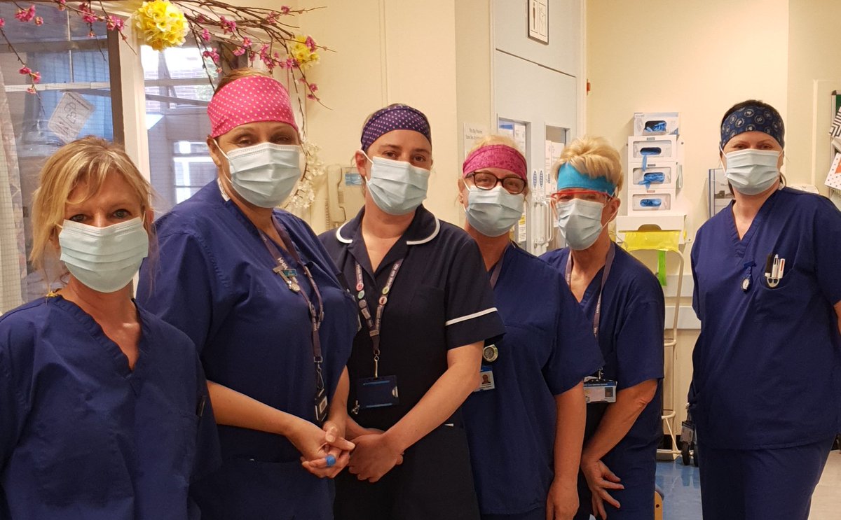 MandieP1978's tweet photo. Wearing our new headbands. Thankyou so much @SewHalton for the lovely headbands, has made wearing the masks much more bearable. @WHHNHS  @Pat_McLaren #communityspirit #StayHomeSaveLifes #ProtectTheNHS 🌈❤👏 https://t.co/SbeplpHbxw