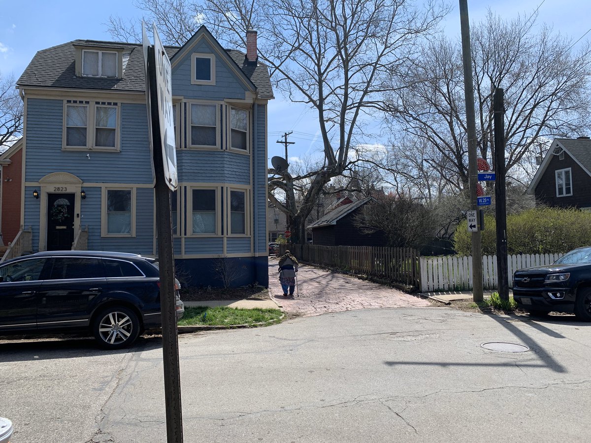 “Back on 25th St. go north to Jay Ave. and turn left. This is the best-restored street in Ohio City. Note the original paint colors on the homes and the original brick side streets with center gutters.” (13/)
