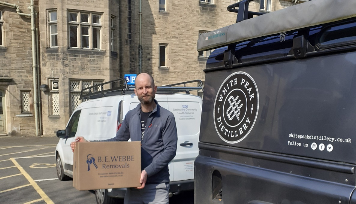 DCHStrust's tweet photo. Here's Matt from @whitepeakwhisky dropping off a very important donation today for @DCHStrust staff. Not what you think! This brilliant team has turned to making hand gel for #NHS to help prevent the spread of #coronavirus. https://t.co/H7EsqaFOot