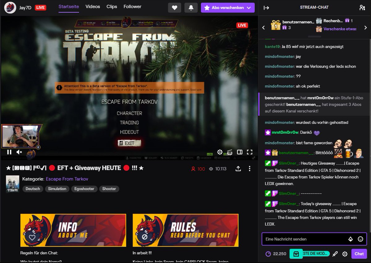 Escape From Tarkov Stream + Giveaway  Live on Twitch
 
twitch.tv/jay7d

Das zweite Giveaway Startet um 20:00 Uhr !!!

Und danke für den Support !!!

#EscapeFromTarkov #GIVEAWAY #EFT #twitchstreamer #TwitchDE #SupportIstKeinMord #TwitchDESupport