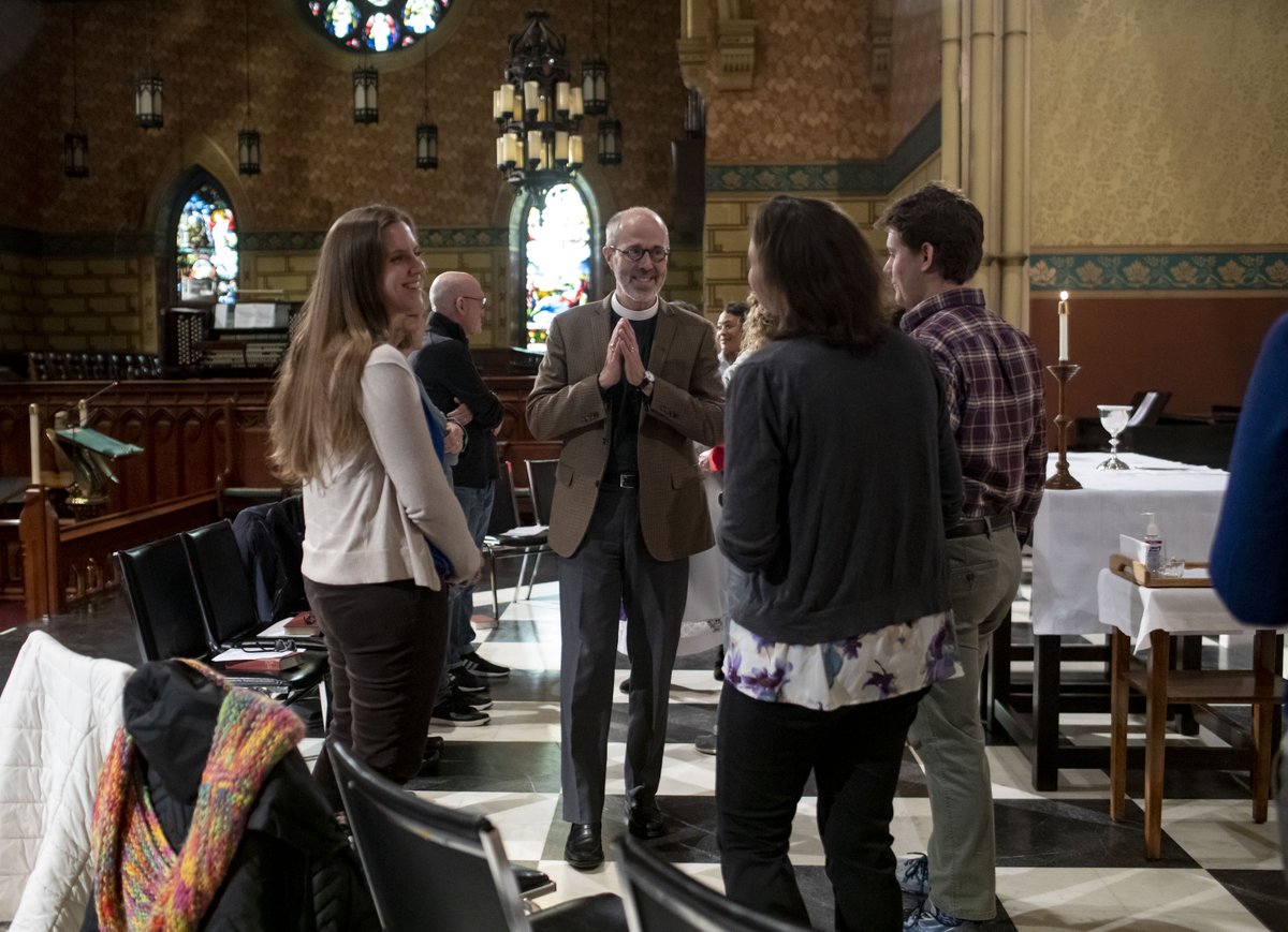 March 4: At a church service where people greet each other without touching, but gathering is still commonplace