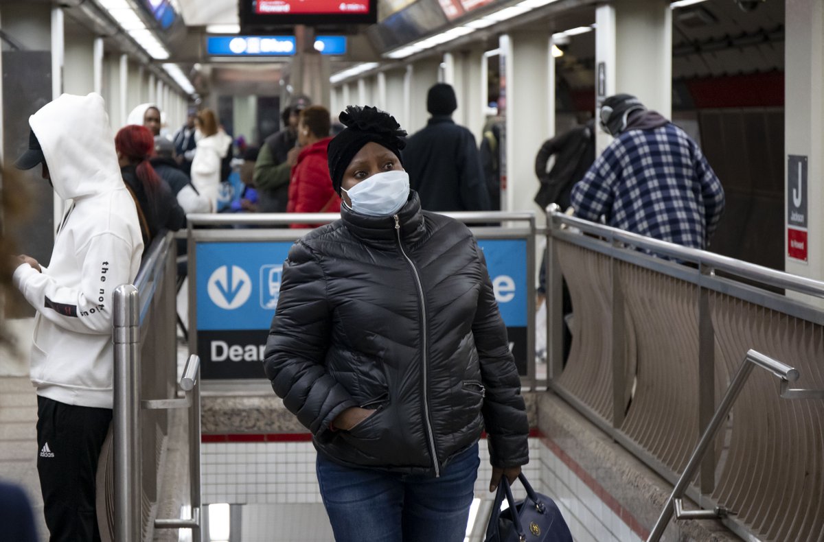 March 5: Spot one person on the CTA wearing a surgical mask, but it’s rare, and downtown transit is crowded