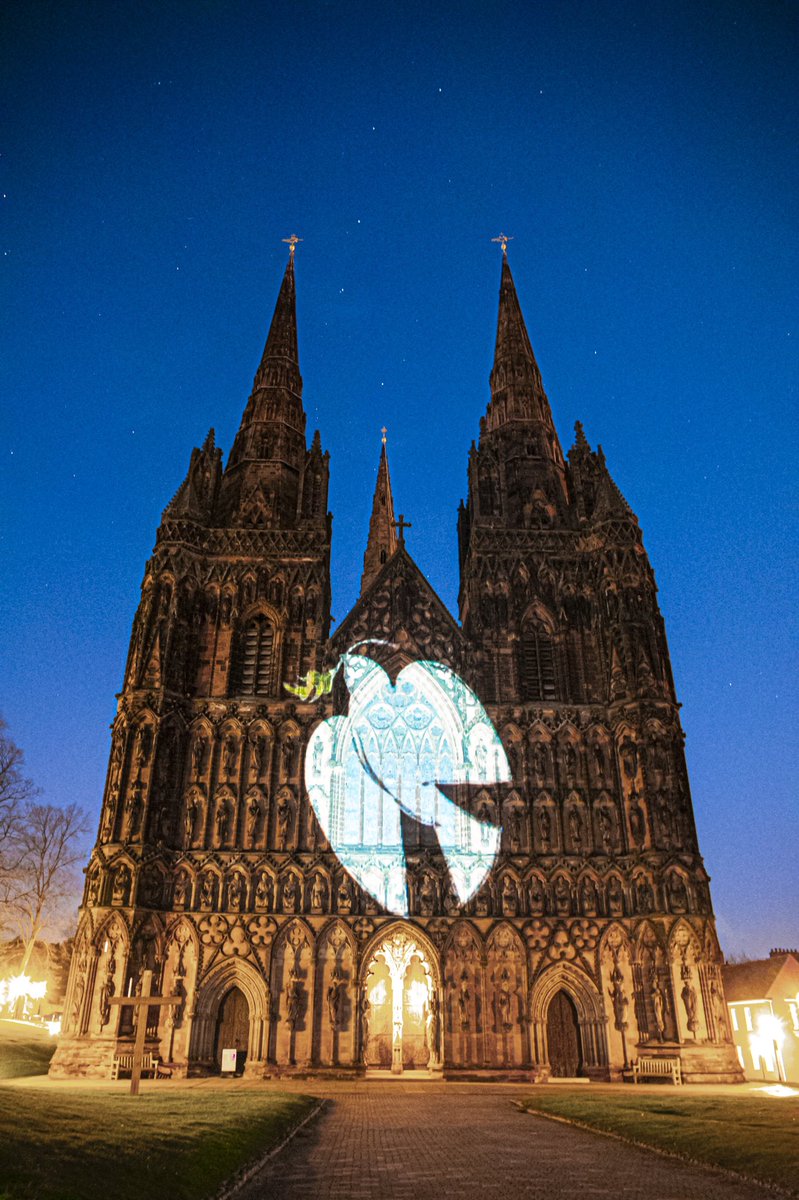 Tonight sees an image of a single #dove a symbol of #peace adorning <a href="/LichfieldCath/">Lichfield Cathedral</a> - the 7th night of images created this week #hope - #projection #sonetlumiere #EasterSaturday #photooftheday #architecture #light