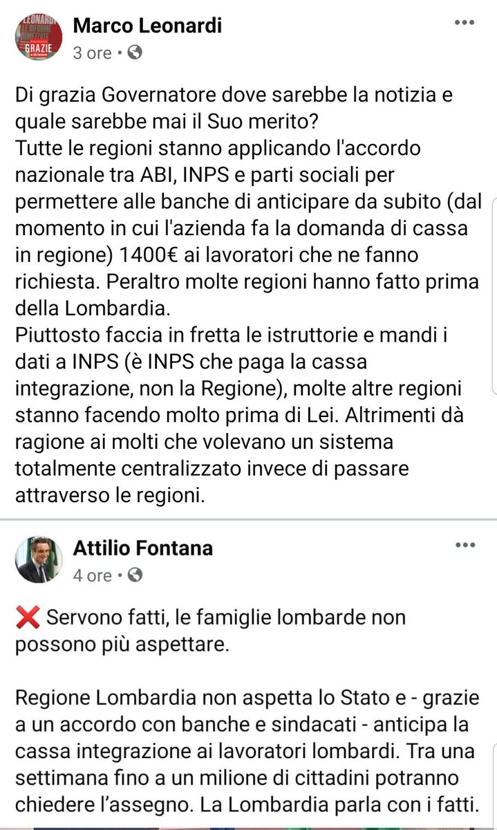 La Regione Lombardia: noi non aspettiamo lo Stato e tra una settimana anticiperemo la cassa integrazione a un milione di lavoratori. 
Vi prego di leggere la risposta di <a href="/marcoleonardi9/">Marco Leonardi</a>, consigliere del Ministero dell’Economia e Finanze.