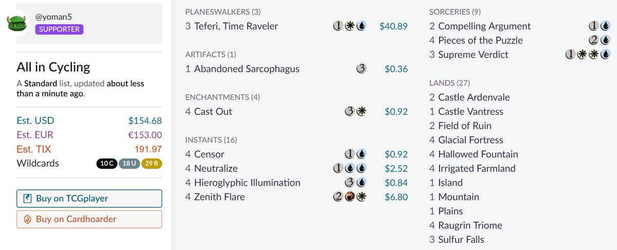 Deck 25: Halfway there! [Pioneer] Jeskai CyclingVery all in build and the mana is probably too "safe" and could use more basics https://scryfall.com/@yoman5/decks/7620400b-9294-479f-a94d-6914f3733e26