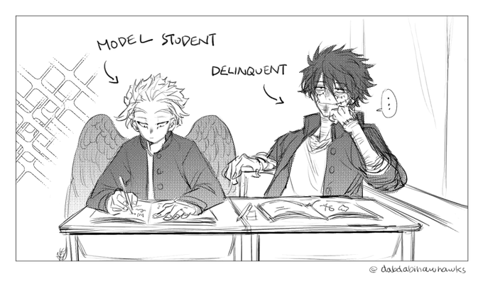 Highschool AU where Keigo skips a grade and Touya stays back one, so they're in the same year and share the same desk. (p1)
#dabihawks #hawks #dabi #bnha #荼毘ホ 