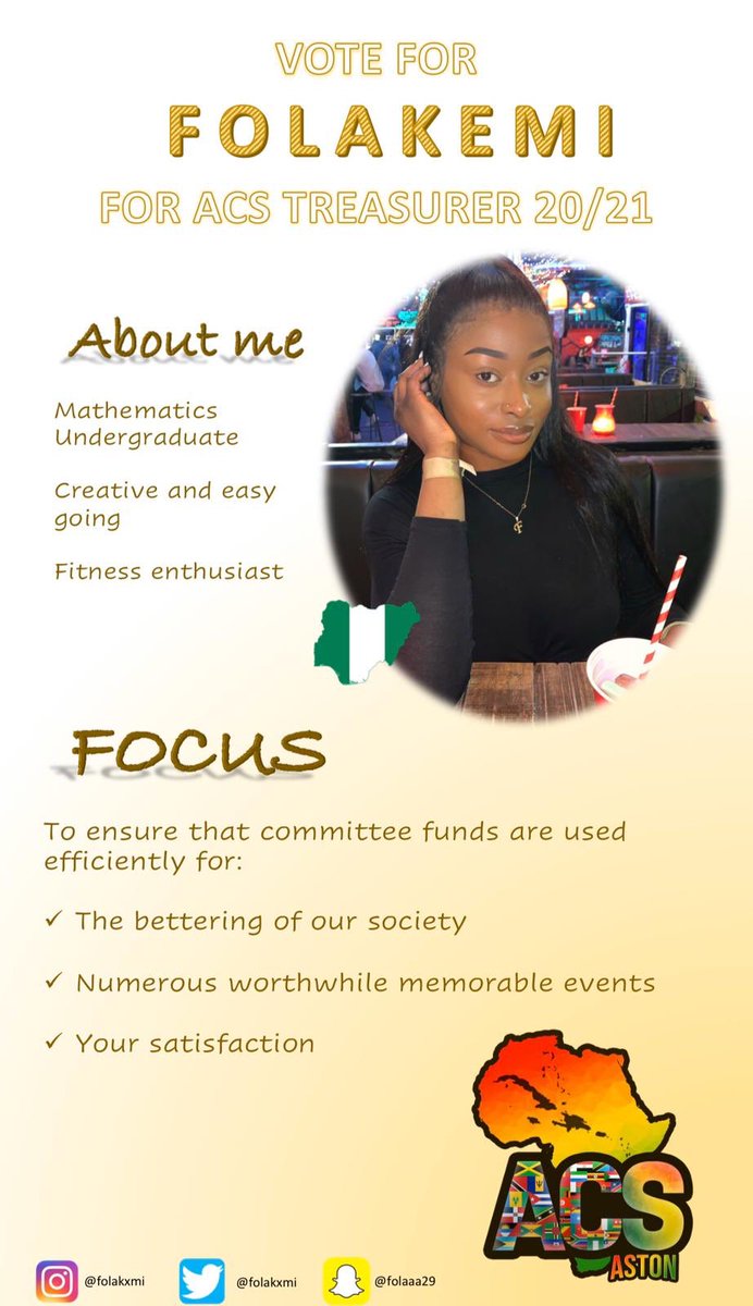 Aston_ACS's tweet photo. Name: Folakemi (@folakxmi)
Course: Mathematics

Role applied for: Treasurer

“I aim to make the ACS a memorable experience and one all members are genuinely proud to be apart of.” https://t.co/nrHuOkiG6D