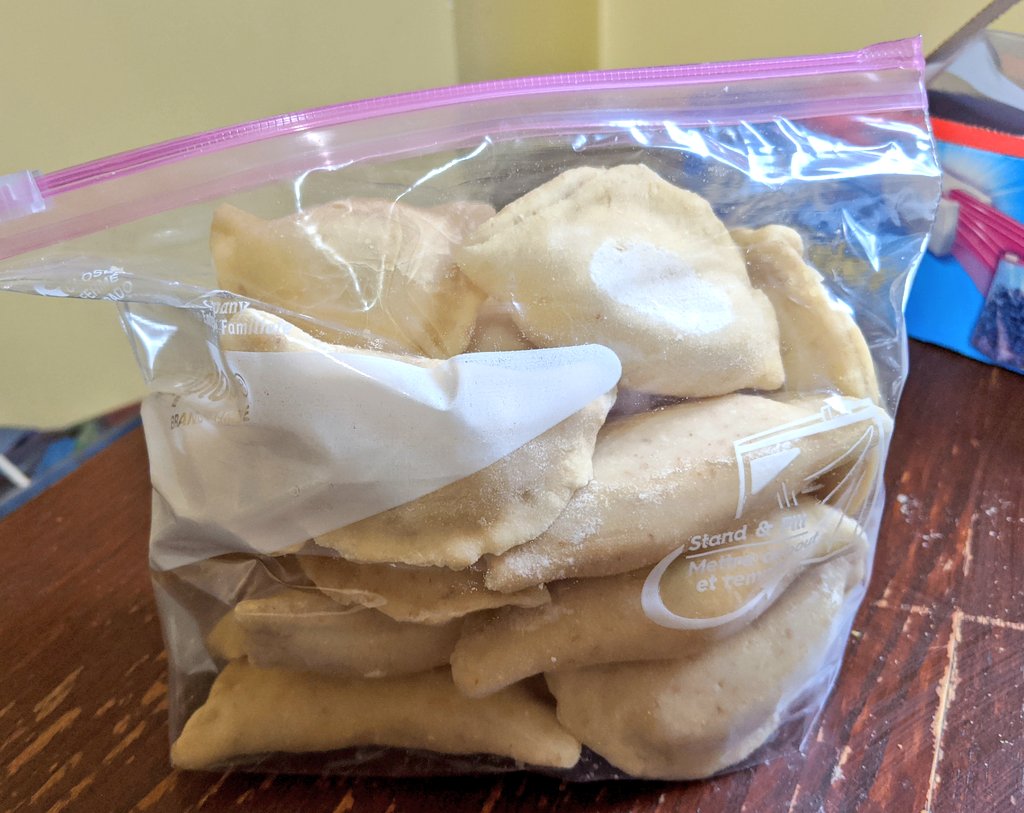 Once the pierogies are frozen, you can put them in freezer bags all together or portioned out.