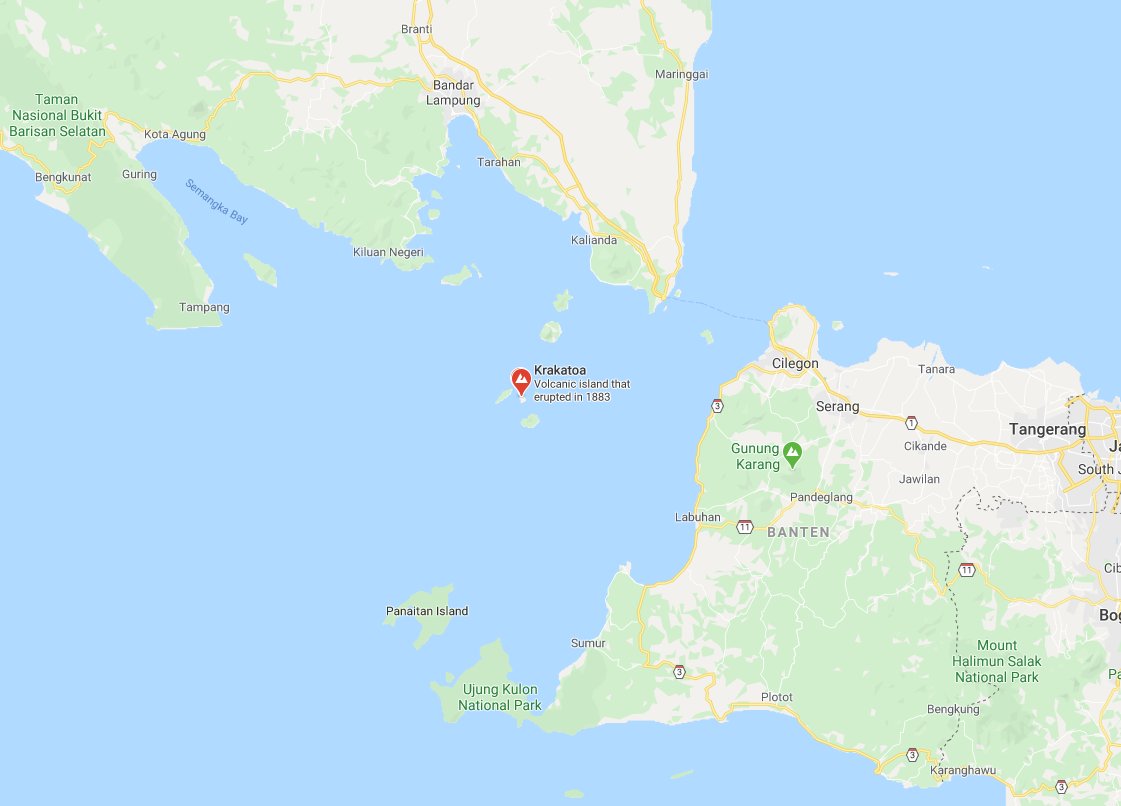 Krakatoa is now an island between the islands of Sumatra and Java in the Phillipines.Emphasis on "now", because for a part of the 19th and 20th centuries there wasn't anything there. It was an underwater volcano that kept growing.