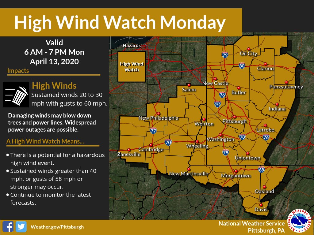 A High Wind Watch has been issued for our entire forecast area for Monday.  Strong wind gusts are likely, possibly as high as 60 MPH.  Be prepared for the possibility of downed trees and power outages!