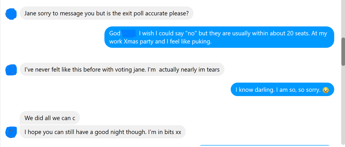 2/ These messages were sent to me on FB on the evening of the GE from one of my son's school friends - let's call her Emily. She works 2 jobs - one as a care-worker (and she is still out there, struggling). I never even knew she was interested in politics. This broke my heart.