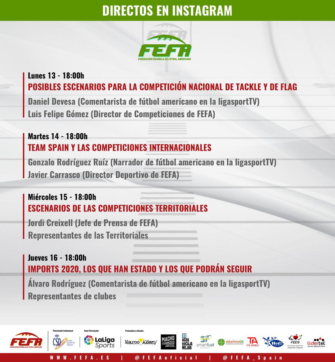 Este semana a partir de las 18:00 podrás saber, de la mano de sus protagonistas, más sobre los distintos escenarios y su problemática de cara al futuro.

En el INSTAGRAM LIVE de FEFA, a las 18:00, pregunta tus dudas, en directo, te esperamos!