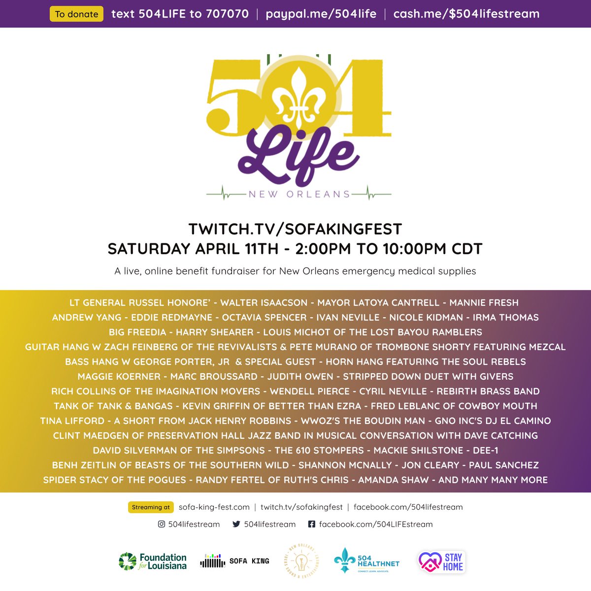 The countdown to <a href="/504LIFEstream/">504LIFEstream</a> begins now!! Thanks <a href="/CityOfNOLA/">The City Of New Orleans</a> <a href="/ltgrusselhonore/">Russel L. Honore'</a> <a href="/WalterIsaacson/">Walter Isaacson</a> <a href="/bigfreedia/">Big Freedia 💋</a> <a href="/dumpstaphunk/">Dumpstaphunk</a> <a href="/djmanniefresh/">Byron Thomas</a> <a href="/octaviaspencer/">octavia spencer</a> @NicoleKidman PayPal.me/504life