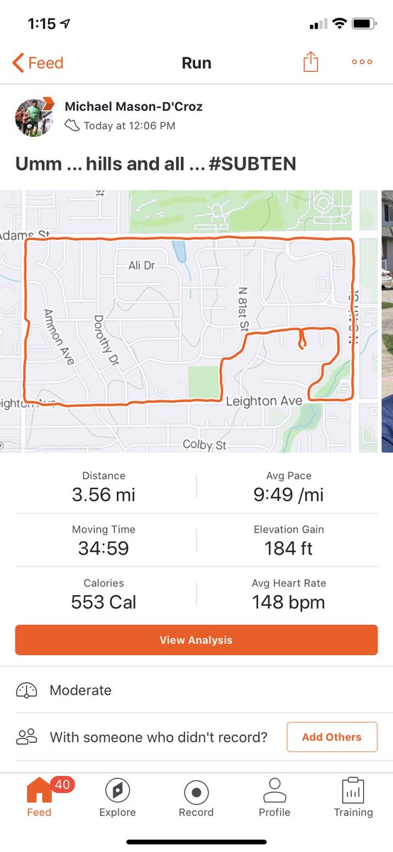 MMasonDCroz's tweet photo. My first #SUBTEN run since July! That was unexpected, and awesome! #BibChat #RunChat #Recovering https://t.co/Ucm7RL7466
