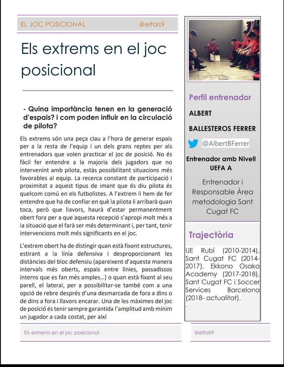 elfals9's tweet photo. Píndola de coneixement per apropar-nos la comprensió del joc posicional. "Els extrems en el JdP" per Albert Ballesteros Ferrer, @AlbertBFerrer , entrenador i responsable àrea metodologia @SantCugatFC i a Soccer Services Barcelona (1a part) https://t.co/rEuYU4DuOk