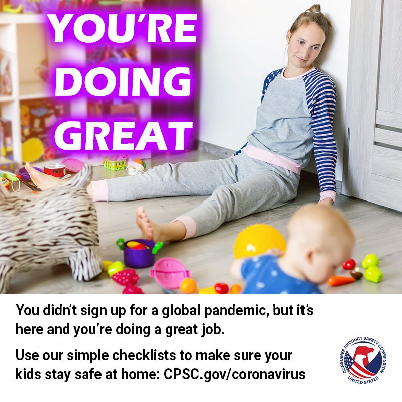 A mom sitting on the floor watching her kid play. The headline says you’re doing great. You didn’t sign up for the global pandemic but it’s here and you’re doing a great job.