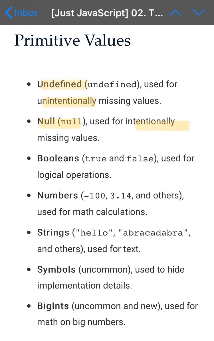elliechen_etc's tweet image. Joined @dan_abramov’s #JustJavaScript newsletter a couple days ago. I’ve learned JavaScript for months, but this is the 1st time I clearly see the difference between ‘null’ and ‘undefined’ 🤯

The mental model also kinda blew my mind! Looking forward to the following modules 👀