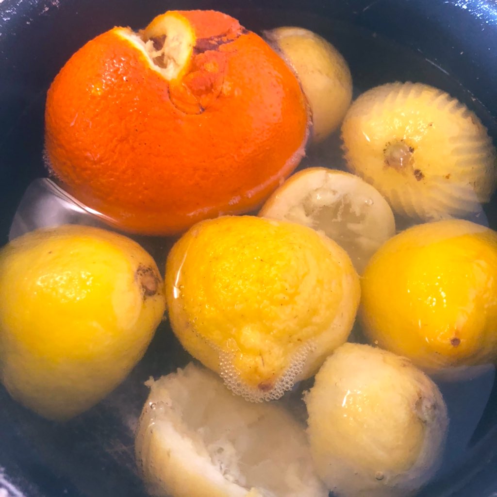 I washed everything and removed any black bits, stalks, etc. I boiled all the squeezed lemons (together with a very sad-looking softish orange for about an hour, until soft.