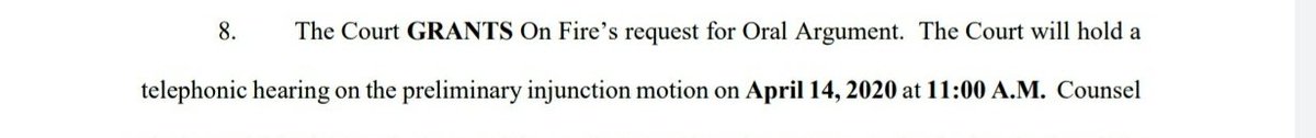 FYI.Judge Justin Walker has scheduled a telephone hearing for April 14.