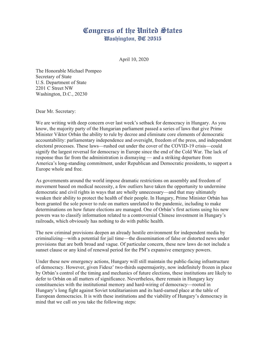 SenFeinstein's tweet photo. I joined other senators and members of Congress to express concern to the @StateDept about new laws in Hungary that give Prime Minister Orban the ability to rule by decree and eliminate core elements of democratic accountability. Read our letter here. https://t.co/4BVRwCWMsg