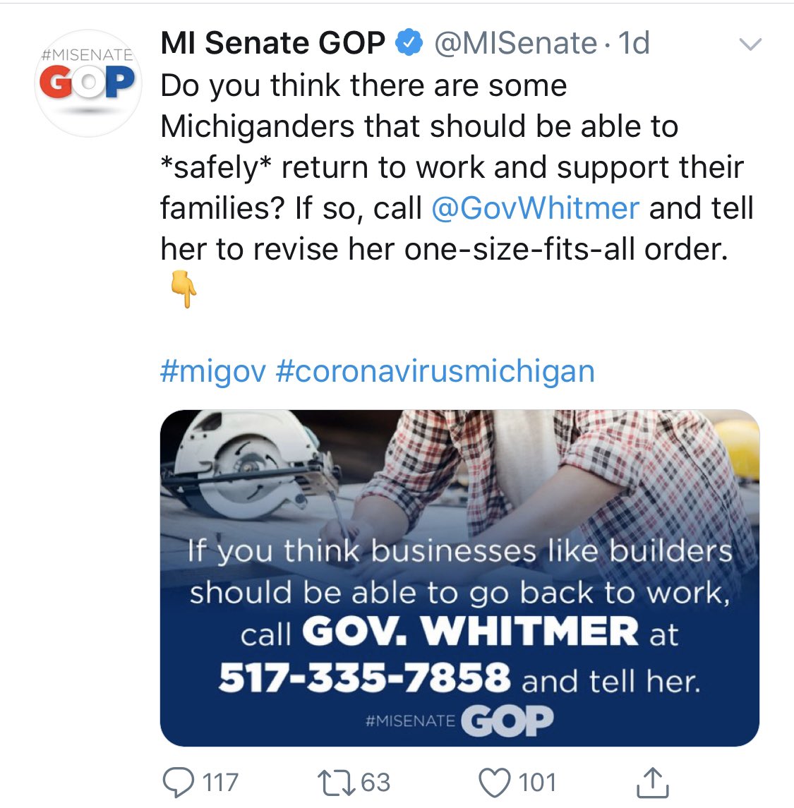 And the MI Senate GOP pressuring Gov Whitmer to open things up.