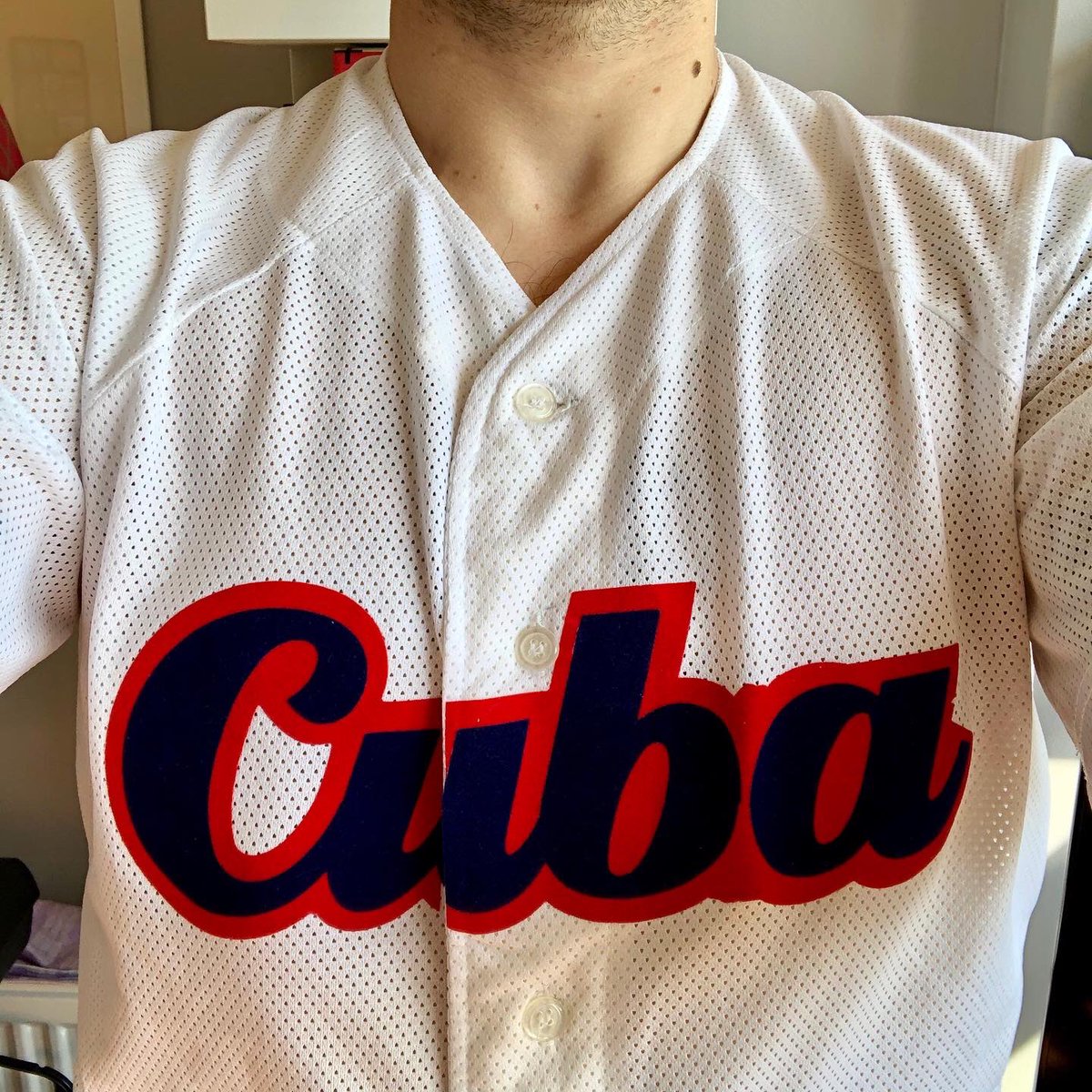 Cuba Home (?) JerseyUnofficial replica When I went to Cuba in 2015, I kept looking for a baseball jersey to take home. The Cuban national team is one of the best in the worldI eventually found one, sold to me very secretively, for reasons to me still unknown #HomeShirts