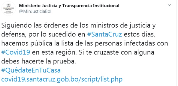 correodelsurcom's tweet photo. El Ministerio de Justicia @MinJusticiaBol publica este sábado, a través de su cuenta de Twitter, la lista de personas infectadas con #coronavirus en #SantaCruz. https://t.co/6DVMismVbL