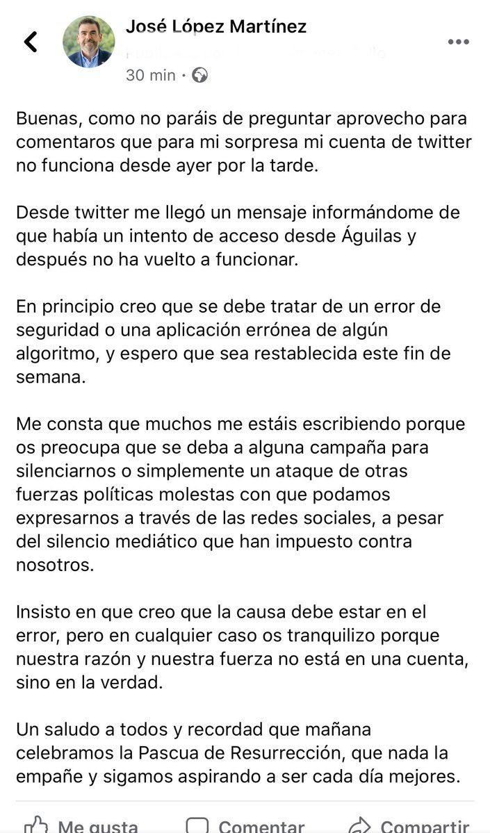 RicardoSeGar's tweet photo. Confío en que @TwitterEspana subsane el error hoy mismo y devuelva su perfil a José López.

Lo contrario podría vulnerar derechos fundamentales, silenciar a quienes luchan de forma incansable por su tierra y seguir el juego a quienes trabajan contra ella. #CensuranCartagena 🤐🤫 https://t.co/zOfgcPws97