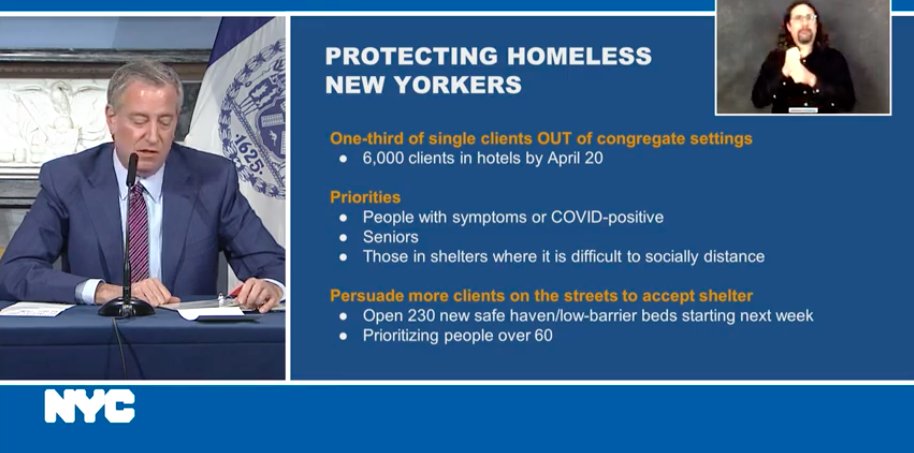 sarita's tweet photo. Live @nycgov presser: NYC is moving 6k people w/ no home into hotels. Prioritizing seniors, anyone with symptoms, positive for #covid19, or in shelters w/out space. This pandemic might be what triggers housing for all. Once you provide a home, how do you take it away? https://t.co/Ywk3vBz2qN