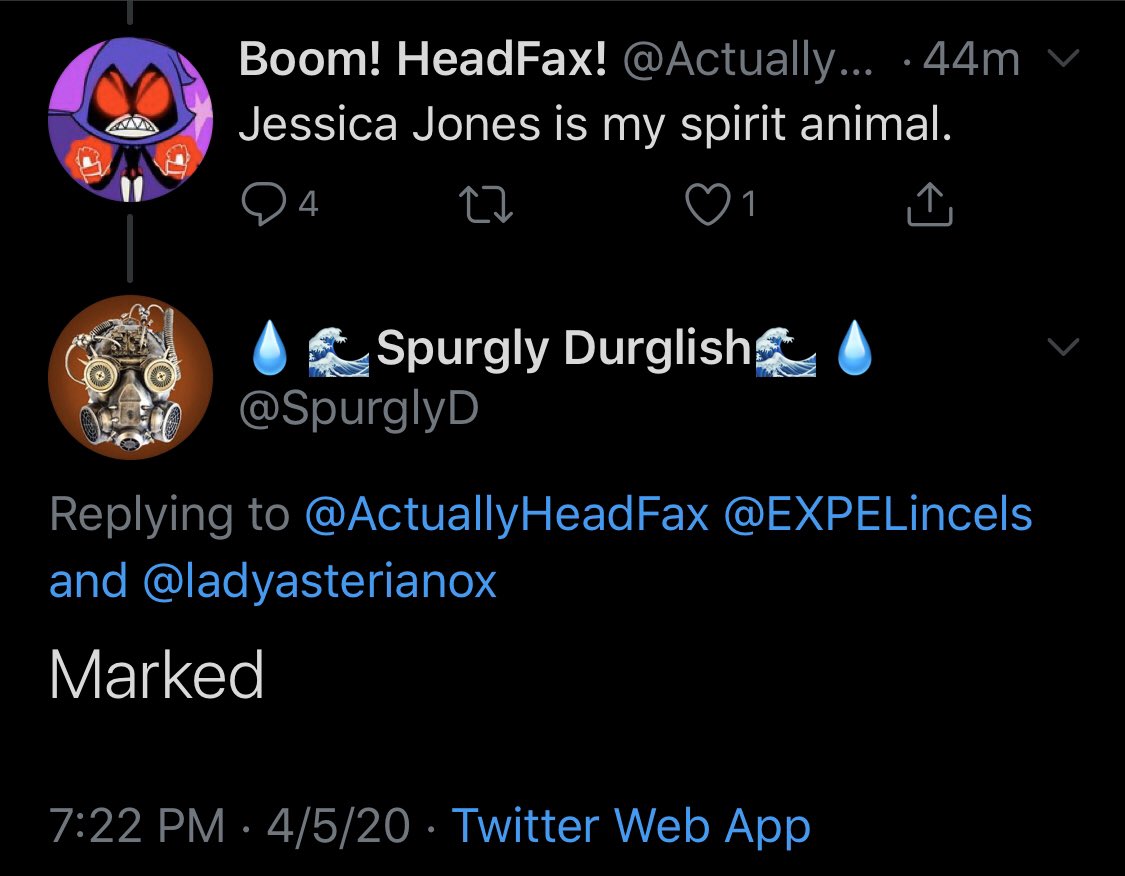 Then the pathetic threats came. We were notified that we had been “marked” for... ignoring him I guess.  @ActuallyHeadFax randomly joined the thread to talk about marvel movies and was immediately “marked” as well. We all now live in constant fear haha